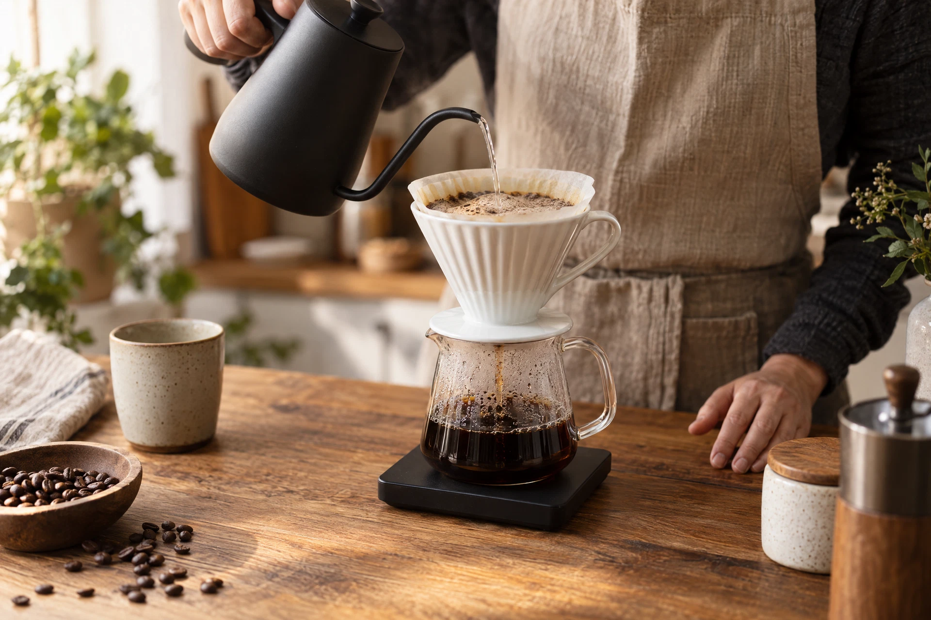Fresh coffee being prepared in a quiet kitchen