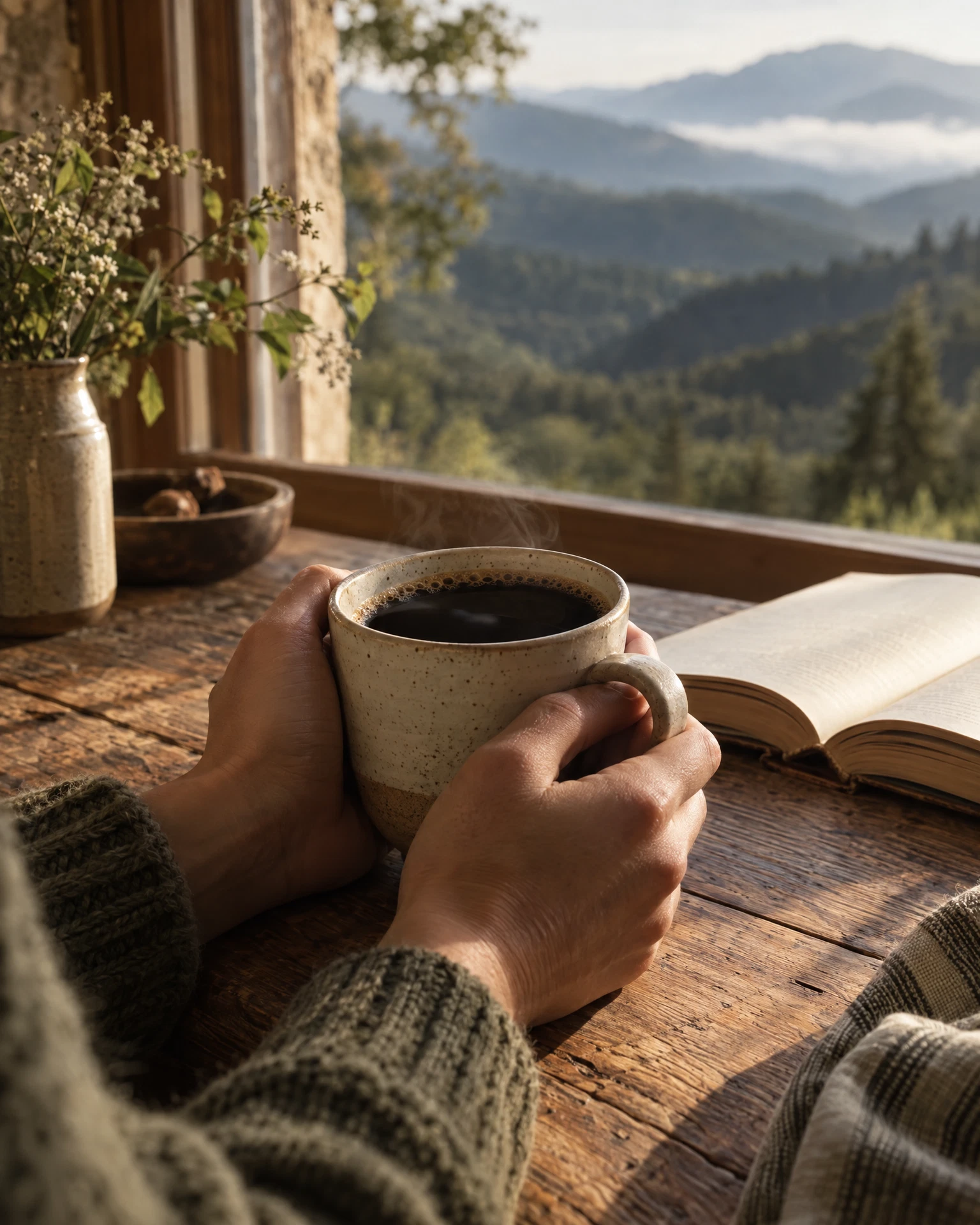 Hands around a coffee cup beside an open book in the morning light